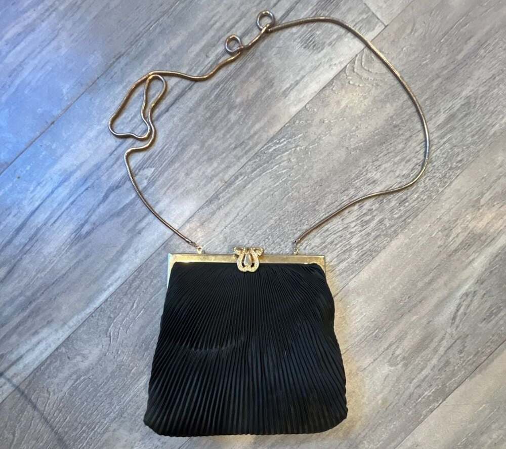 Val Vintage Pleated Black Satin Evening Clutch Bag Gold Tone Chain